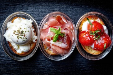 A dark, close-up top-down shot of three clear bowls containing toast topped with egg, prosciutto, and tomatoes with mozzarella, neatly arranged