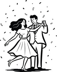 Elegant couple dancing together joyfully under falling confetti illustration on transparent background