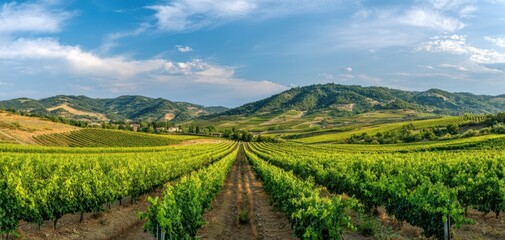 Naklejka premium The panoramic view of a lush vineyard in a picturesque countryside.