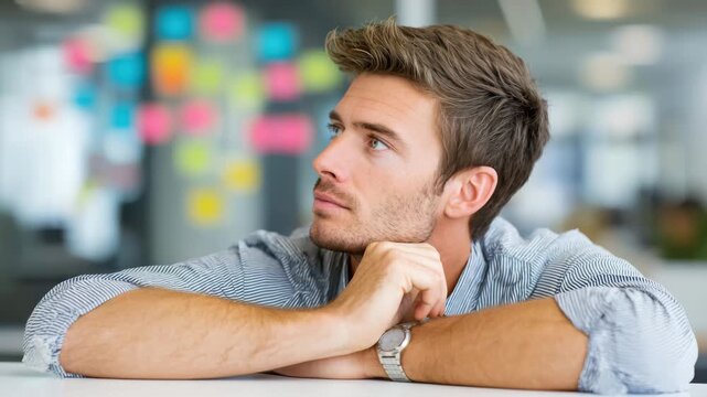 Young man thinking with pessimistic outlook sitting at office desk wearing casual shirt and watch resting chin on hands