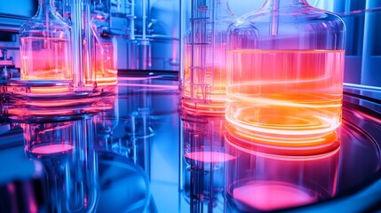 Futuristic chemistry lab architecture glowing pipelines and automated fluid reactors clean design