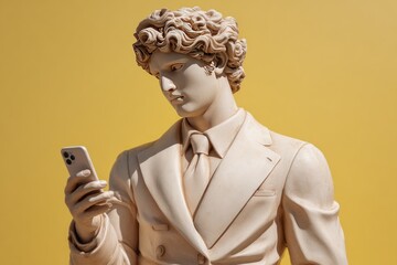 A classical-style statue of a man in a suit holds a smartphone against a vibrant yellow background, creating a juxtaposition of ancient art and modern technology