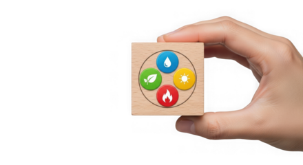 Hand holding a wooden block with icons representing the four elements earth, water, fire, and air, isolated on transparent background