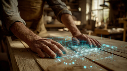 Carpenter using holographic blueprint on workbench.