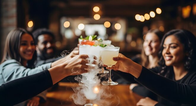 A diverse group of smiling friends raises their glasses for a toast with spectacular smoking cocktails, celebrating together in a chic, warmly lit bar