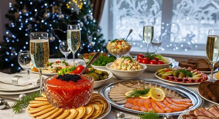 Naklejka premium Festive Holiday Dinner Table with Champagne, Caviar and Food
