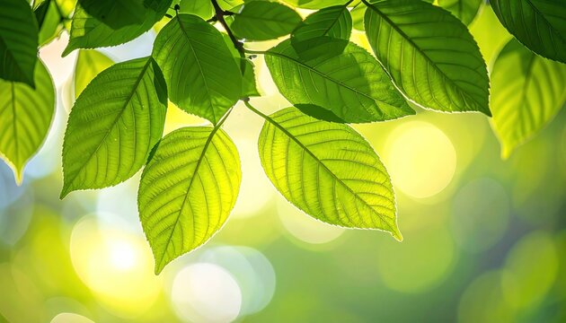 Close-up of vibrant green leaves catching sunlight, creating a bokeh background of soft, glowing orbs of light. Natural, fresh, and bright