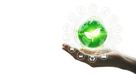 Hand holding a glowing green earth with leaves and surrounding icons representing sustainability, isolated on transparent background