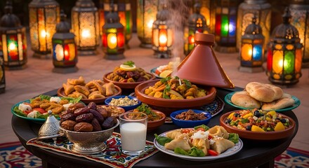 Fototapeta premium Moroccan Iftar Feast with Tagine, Dates and Lit Lanterns