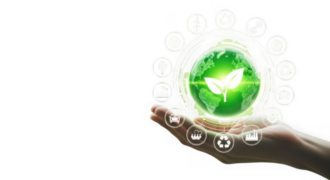 Hand holding a glowing green earth with leaves and surrounding icons representing sustainability, isolated on transparent background