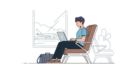 A digital nomad works remotely from an airport terminal, catching up on emails before a flight, embodying modern travel