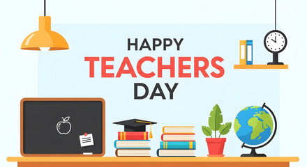 Happy teachers day greeting with educational items like books blackboard globe and graduation cap