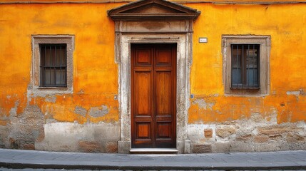 Aged orange facade, wooden door, & windows