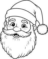 Santa Claus face, black and white line drawing, Christmas holiday illustration, festive coloring page artwork, jolly Santa outline graphic design