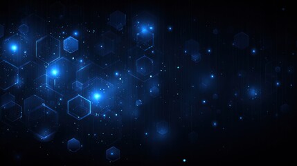 Abstract shimmering blue hexagons float on a dark background, evoking high technology with bright spots of light and scattered particles