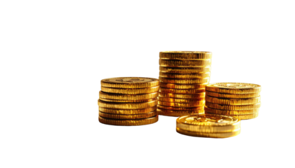 Stacks of golden coins, glittering against black background
