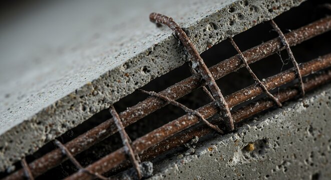 Close-up of rusted metal reinforcement bars embedded in concrete construction material with rough textured surface and weathered appearance detailed close-up shot