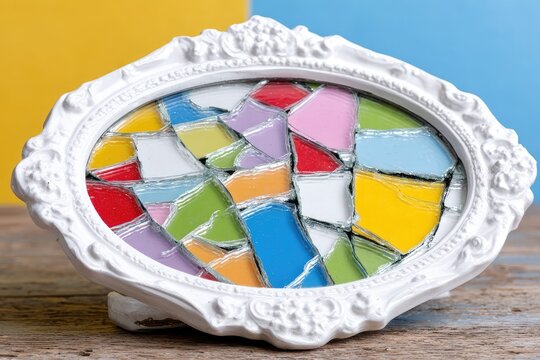 Oval white frame holds colorful, broken glass mosaic