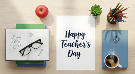 Flat lay of school supplies and a card wishing happy teacher s day on a wooden table