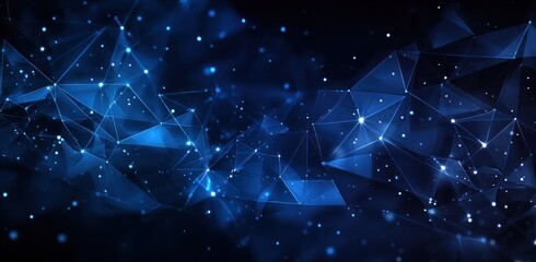 Abstract, blue network of connected polygons and glowing nodes against a dark background creates a techy, futuristic, and interconnected feel