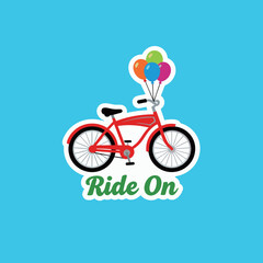 "Ride On" sticker with a fun red bicycle and colorful balloons, a playful illustration for transportation and leisure.