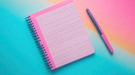 Vibrant workspace flat lay showcasing a pink notebook and pen, stylish layout
