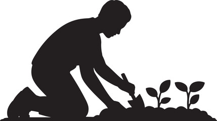 Fototapeta premium Gardening Silhouette. Person Planting Seedling, Planting Plant on Transparent Backdrop