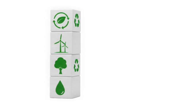 A vertical stack of white cubes with green ecofriendly symbols like a leaf, tree, wind turbine, and water drop isolated on a transparent background