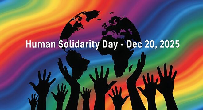 Human Solidarity Day 2025 graphic with silhouetted hands supporting a globe against a vibrant rainbow background.
