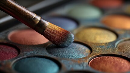 Makeup eyeshadow palette and brush closeup