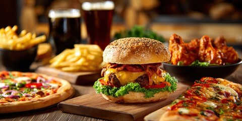 The delicious spread of burgers, pizza, fries, and drinks on a wooden table.