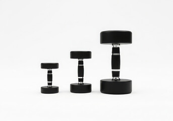 Three black dumbbells of increasing size on a white background