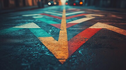 Fototapeta premium Colorful directional arrows painted on a wet city street guide the way forward, offering urban adventure and a sense of vibrant discovery
