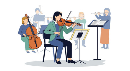Chamber orchestra performance illustration showcasing musicians playing diverse instruments with focus on collaboration and harmonic ensemble