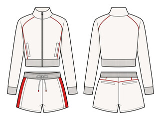 Unisex Athleisure Track Set Technical Fashion Illustration. Cropped Zip-Up Jacket with Raglan Sleeves, Ribbed Hem, and Drawstring Shorts with Contrast Side Panels. Front and Back CAD Mockup Set.