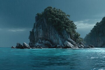 Rocky isle in turquoise sea, rain clouds