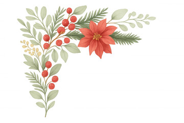 Watercolor poinsettia, holly berries, fir, and eucalyptus branches forming a festive christmas border. Transparent background
