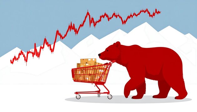 Bear with shopping cart and falling market graph