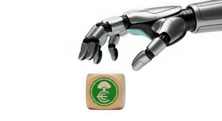Robotic hand reaching for a wooden block with a euro symbol and a green tree, isolated on transparent background