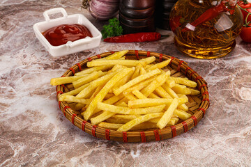 Golden French fries potato with sauce