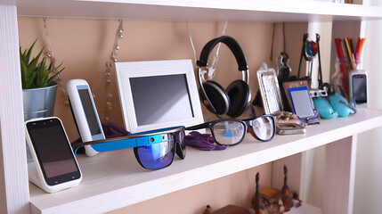 Shelf displaying various personal electronic devices and accessories including headphones, glasses, and a digital photo frame