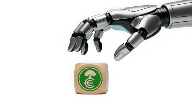 Robotic hand reaching for a wooden block with a euro symbol and a green tree, isolated on transparent background
