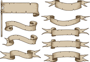 Vintage ribbon banners, hand drawn scrolls, parchment style illustration, decorative retro design elements, antique banner collection, heraldry scroll artwork