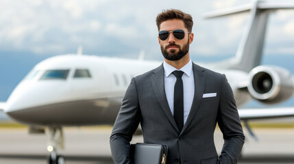 Man in an elegant gray suit holding briefcase by private jet tarmac