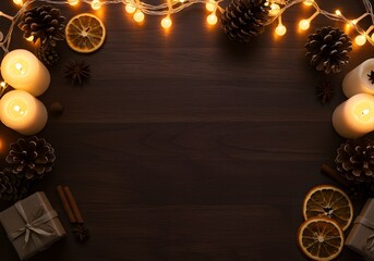Warm Bokeh Lights and Glowing Candles on Dark Rustic Wood Holiday Background