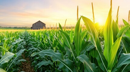 Golden Sunrise Over Lush Cornfield with Rustic Barn in Background