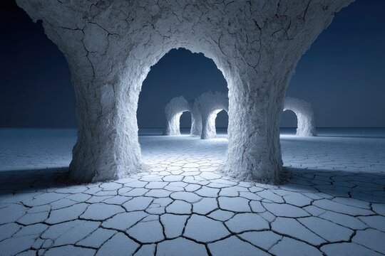 White arches in cracked, desolate landscape under a dark sky - Powered by Adobe