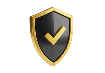 Illustration of golden shield with a golden checkmark symbol, isolated on transparent background on transparent background