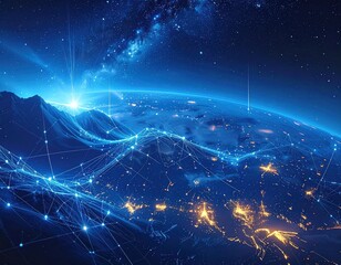 Futuristic Earth view from space, interconnected with glowing lines over continents under a nebula sky, conveying connectivity and global reach