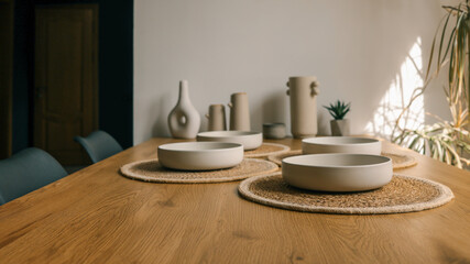 Elegant dining table setting with neutral tones and natural light.